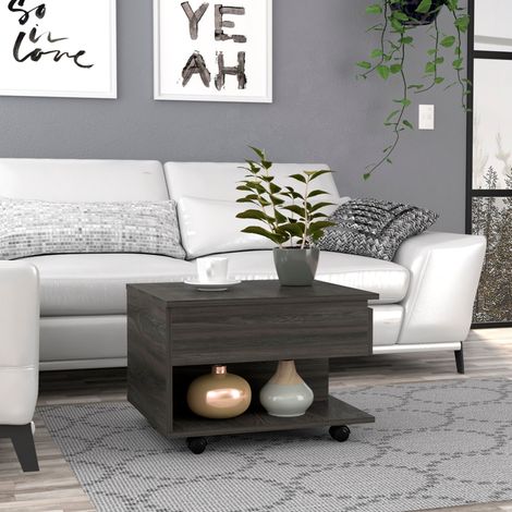 Tuhome Concept – Table basse relevable avec roulettes – Dimensions 39,1 cm H x 55 cm L x 50 cm P – Bois manufacturé mélaminé – Espace de rangement intégré (1/4)