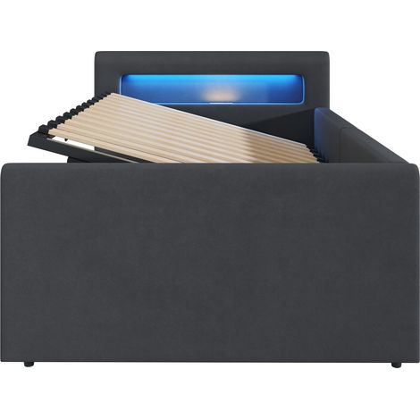 Cama infantil tapizada 90 x 200 cm con LED, USB, almacenaje hidráulico, terciopelo gris oscuro (1/5)