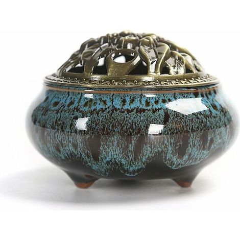 Räuchergefäß aus Keramik mit Deckel, Aromatherapie für Räucherstäbchen oder -kegel, Aschenbecher für Spiralen, dekoratives Wohnaccessoire, originelle Geschenkidee (Saphirblau) (1/5)