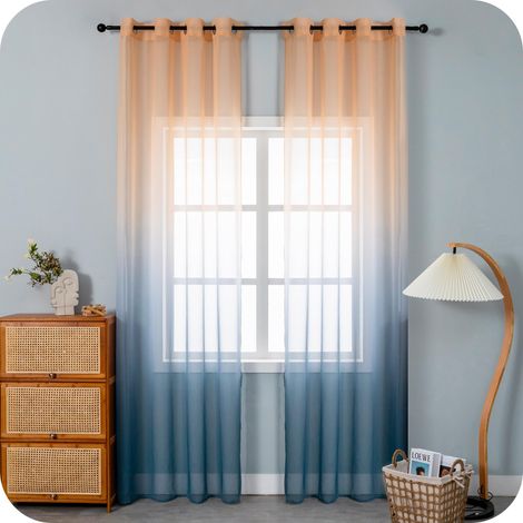 Paire de rideaux voile semi-transparents, couleur dégradée, jaune et gris, rideau pour salon, chambre, chambre d'enfant, cuisine et intérieur, 2 panneaux avec œillets 140 x 275 cm (1/5)