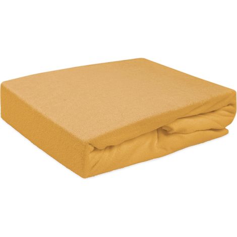 Sábana bajera ajustable de 90x200 cm, rizo de algodón, color amarillo mostaza. (1/5)