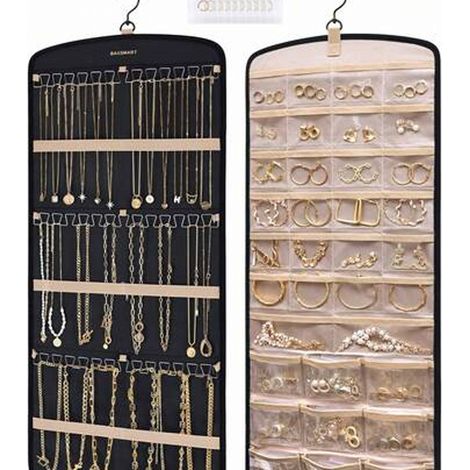 Boîte de rangement à bijoux suspendue, crochet sans couture avec 20 sacs à bijoux, rangement voyage, 1 pièce, (84 x 36 cm) (1/5)