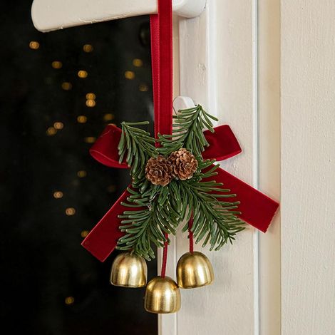 Pendentif élégant pour sapin de Noël, nœud en velours, clochettes et pommes de pin, décoration de Noël, accessoires de fenêtre (3 cloches) (1/5)