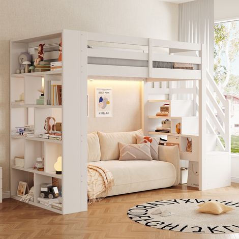 Lit mezzanine enfant 90x200 cm en bois blanc avec rangements, échelle coffre, étagères, barrière de sécurité et éclairage LED (1/5)