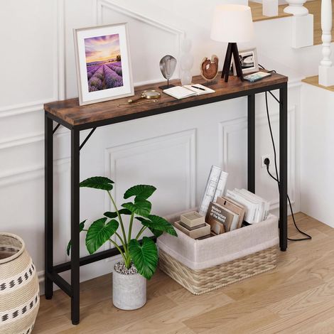Table console étroite 100x23x80 cm cadre métallique avec prises USB norme UE pour vestibule (1/5)