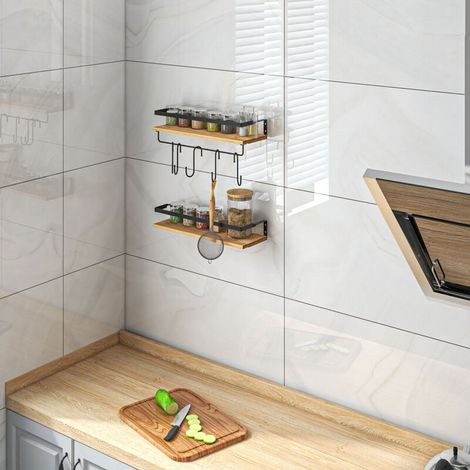 Cloison amovible Lot de 2 étagères murales avec 6 crochets amovibles et tringle, style industriel pour cuisine, salle de bain, bois acier (1/4)
