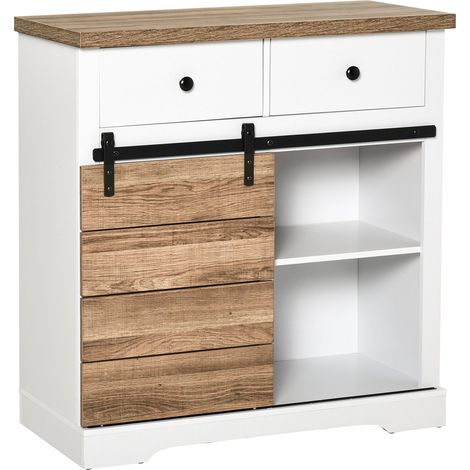 Mobile da Cucina Rustico con 2 Cassetti Ripiani e Portabottiglie 80x39x86 cm in Legno e Metallo Bianco (1/5)