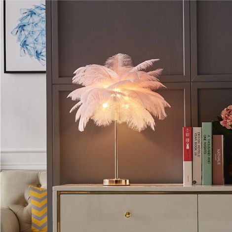 Lámpara de mesa de plumas de avestruz rosa, lámpara de noche, pantalla lujosa y elegante, luz de noche, iluminación de mesa para sala de estar, dormitorio, ropa de cama para el hogar.