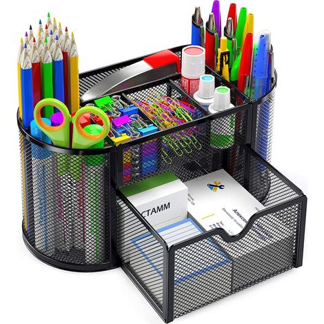 Elegante organizador de escritorio de malla con 8 compartimentos para material de oficina, ideal para oficinas, escuelas y aulas. Cuenta con 1 cajón, metal con recubrimiento en polvo y alfombrilla ant