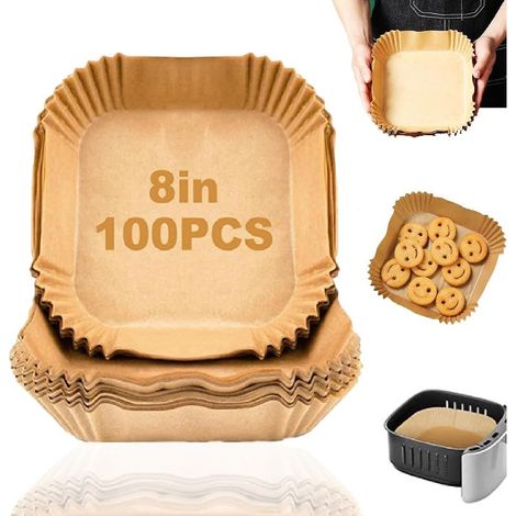 Lot de 100 doublures jetables en papier parchemin carré pour friteuse à air comprimé de 5, 6, 7, 8 litres, 20,3 cm, revêtement anti-adhésif et anti-fuite, panier de friteuse à air comprimé résistant à (1/4)