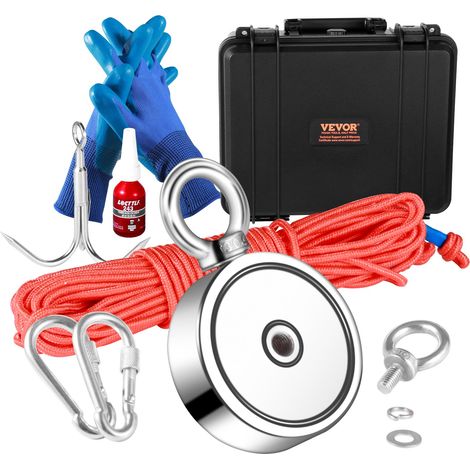 Aimant de Pêche Double Face Super Puissants Capacité 272x2 kg Kit de Pêche à l’Aimant en Néodyme avec Corde Crochet Paire de Gants et Étui pour Pêche Magnétique et Chasse au Trésor sous l'Eau (1/5)