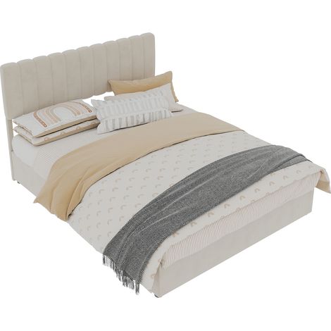 Lit moderne minimaliste rembourré 140×200 cm beige,tête douce,base rangement haute à levage au gaz,matelas non inclus