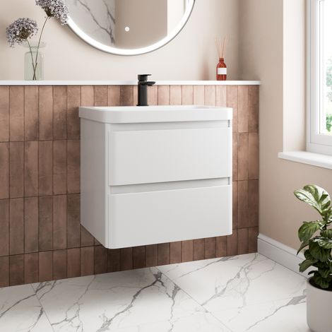 White Bathroom Furniture Vanity Unit with Basin Sink Modern Cabinet Storage 600mm Wall Hung
