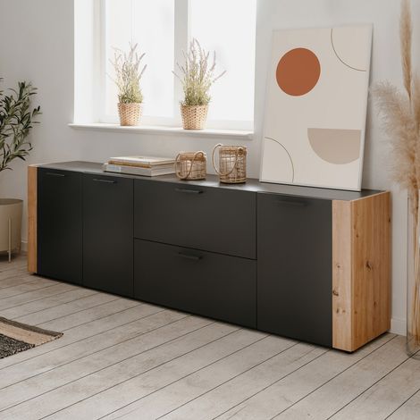 CALICOSY - Buffet 3 portes 2 tiroirs décor anthracite et chêne L198 cm LUMA (1/5)