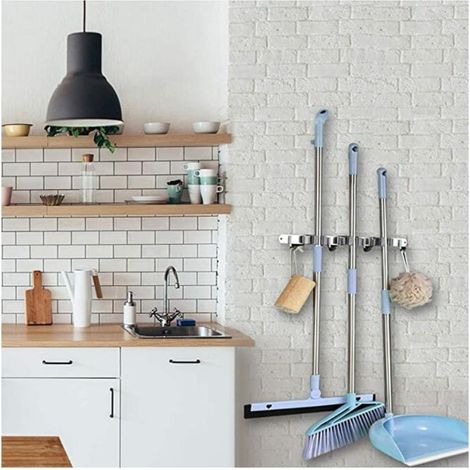 Porte Balai Mural, Acier Inoxydable, Porte Balai Adhésif avec Crochet, Armoire à Balai Multifonctionnelle pour Cuisine, Jardin, Salle de Bains, Garage, Balcon, Bureau (1/4)