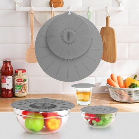 5 couvercles silicone réutilisables. Effet d'aspiration, étanches, résistants à la chaleur. Gris. Universels. (1/4)