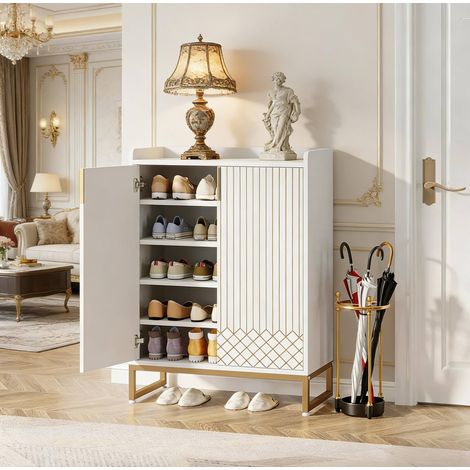 Meuble à chaussures 5 niveaux, 2 portes, blanc et doré, 75 x 35 x 105 cm, REDOM (1/5)