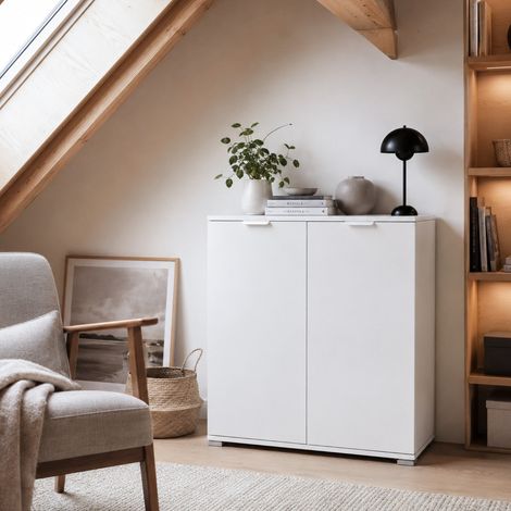 The White Stone Meuble Bas 2 Portes Blanc déjà Monté - Armoire Gain de Place 75x85x38 cm - Meuble Salle de Bain et Buanderie avec Étagères Réglables et Structure Bois Mélaminé (1/5)