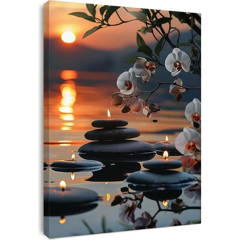 Tableau mural pour salon - Orchidée en pierre zen - 30 x 40 cm - Impression sur toile encadrée avec cadre en bois de pin - Art mural spa avec bande - Impression HD résistante à la décoloration (1/5)