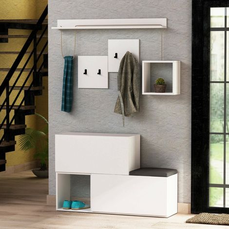 Mueble de Entrada Lariana, 8 Pares, 2 Estantes, Perchero, 120x17x76h cm Blanco (1/4)
