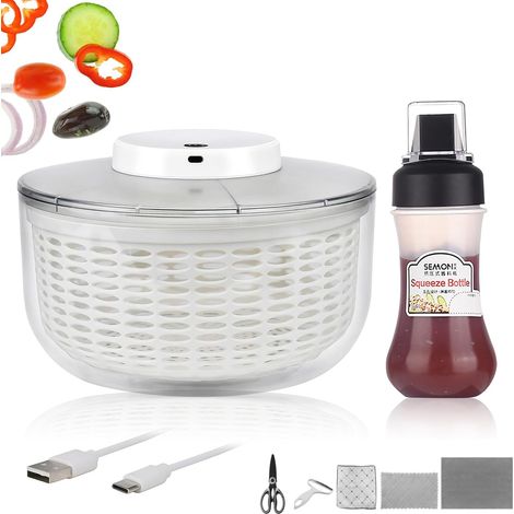 Essoreuse à salade électrique 6 l, essoreuse à salade avec couvercle, bouteille à presser et râpe de cuisine de 350 ml, machine à laver électrique avec USB, essoreuse automatique avec couvercle (1/5)