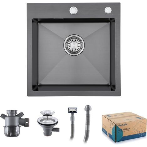 Evier Inox 1 Bac Avec Siphon Évier de Cuisine 2 Trou de Robinet 45×45 cm (1/5)