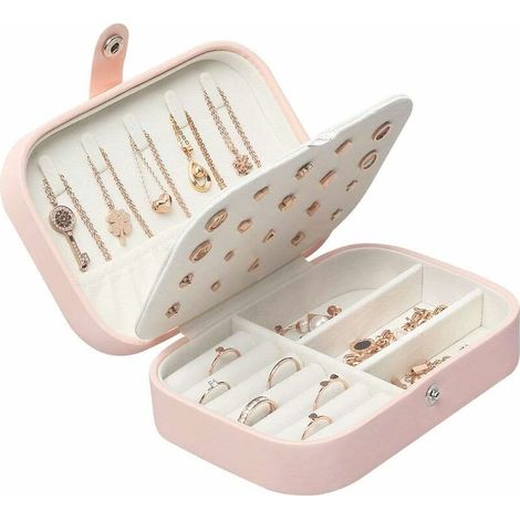Travel Jewelry Box Jewelry Box Women Child Girl Ring Organizer Earrings Necklaces Ear Bracelets, 16.5 x 11.5 x 5.5 cm (Pink) (1/5)