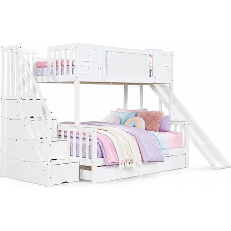 Lit superposé enfant avec fenêtres, toboggan, tiroirs à roulettes, escalier de rangement et 4 casiers, 90x200/120x200 cm, blanc sécurisé - CHICFURN (1/5)