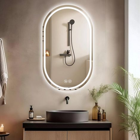 Miroir intelligent 60x90 cm – Miroir salle de bain oval sans cadre avec anti-buée et écran tactile, miroir LED mural design (1/5)