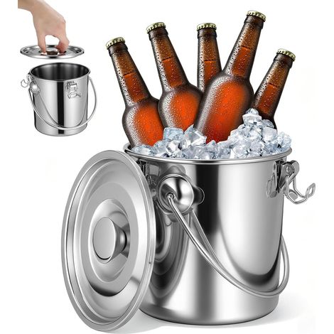 Seau Inox 3L avec Couvercle Hermétique et Poignée Fermeture étanche, bac à glaçons, stockage alimentaire, transport facile avec poignée, sans rouille, cuisine et camping (1/5)