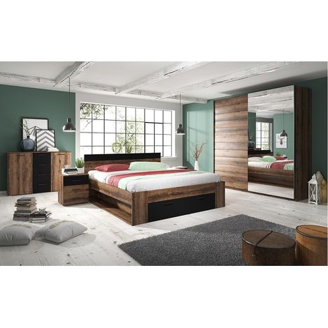 Schlafzimmer EOS: Schrank, Bett 160x200, Kommode, Nachttische. Farbe dunkle Eiche und Schwarz