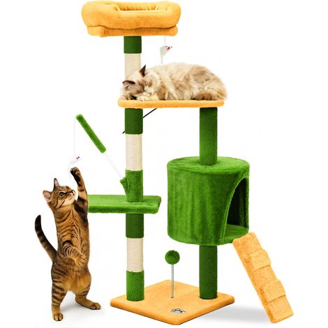 VOUNOT® Tiragraffi per Gatti Alto 112 cm, Albero per Gatti Multilivello, Centro Attività per Gatto con Pali Tiragraffi in Sisal, Verde Arancione