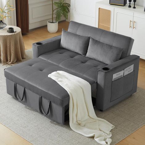 Schlafsofa Samt Grau mit Getränkehalter & Seitentaschen, ausziehbar (1/5)
