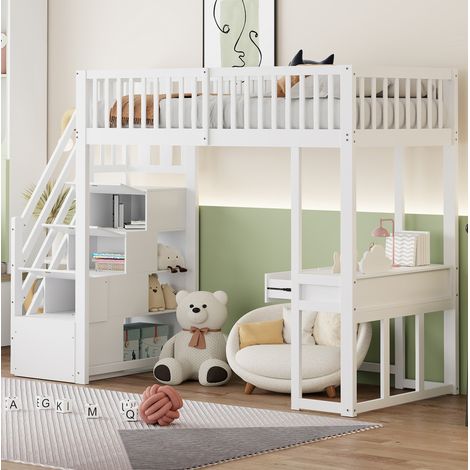 90x200 Hochbett mit Multifunktionstisch, sicherer Aufbewahrungstreppe, Bettgestell aus massivem Kiefernholz für Kinder und Jugendliche Weiß (1/5)