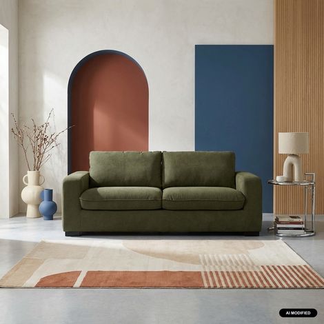 Canapé lit convertible 3 places tissu chenille avec matelas 10cm - Fabriqué en France - Nido Chenille Kaki (1/5)