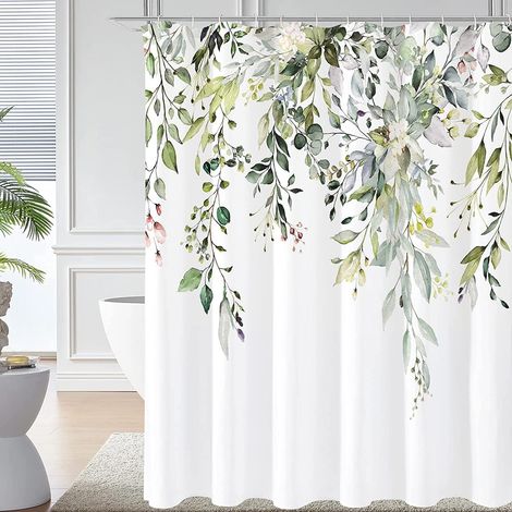 Tenda da doccia in poliestere con motivo floreale verde, 180180 cm, impermeabile. (1/5)
