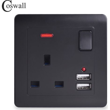 Electrical Single Switched 13 A Fast Charging Power Socket with Two USB Charging Ports, 2.1 A, 5 V, Square Edge, Black - B