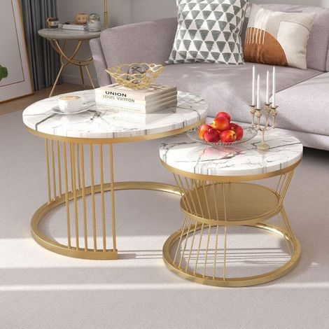 Couchtisch Set - Weißer Marmor & Goldenes Metall - 2 Teile - Modernes Design - 70 & 45cm
