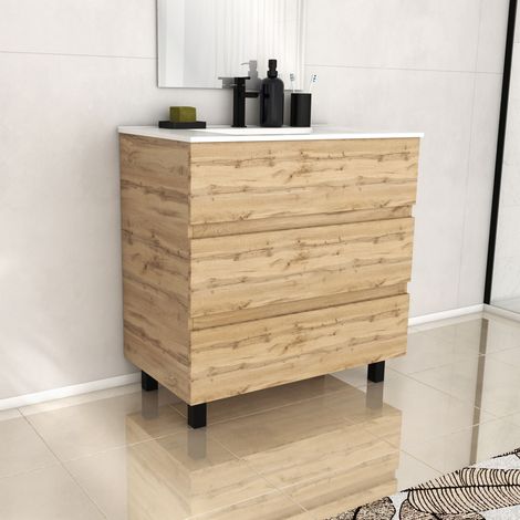 Mobile Bagno 80cm 3 CassettiRovere Naturale + Lavabo Ceramica Bianca - TIMBER 80 (1/5)
