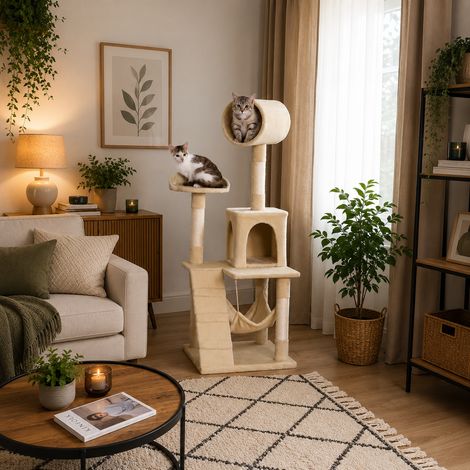 belviona Katzenkratzbaum, Kletterbaum für Katzen mit Höhle, Hängematte, Treppe & Liegeplattform, 133 cm, beige (1/5)