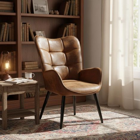 Meuble Cosy Fauteuil Vintage en Suédine Doux pour Lecture, Chaise de Salon avec Accoudoirs, Marron (1/5)