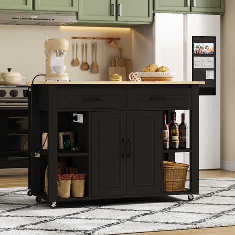 Mobile Kücheninsel 120 x 77 x 93 cm – Ausziehbarer Bartisch – USB-Ladestation – 2 Schubladen & Schränke – Schwarz und Natur