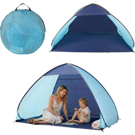 Pop Up Strandmuschel blau mit Tragetasche und Heringen - 210 x 110 cm - Strandzelt selbstaufstellend mit UV 50+ Schutz
