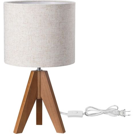 Lampe De Table Tripode - Abat-jour En Lin Beige - Base En Bois Brun Clair - Culot E26 - 36 Cm - Pour Chambre À Coucher Bureau Nursery (1/5)
