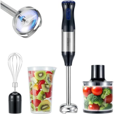 Mixeur plongeant, mixeur en acier inoxydable 1000 W, mixeur plongeant professionnel 4 en 1 - fonction turbo, pied mixeur, fouet, 5 vitesses (1/5)