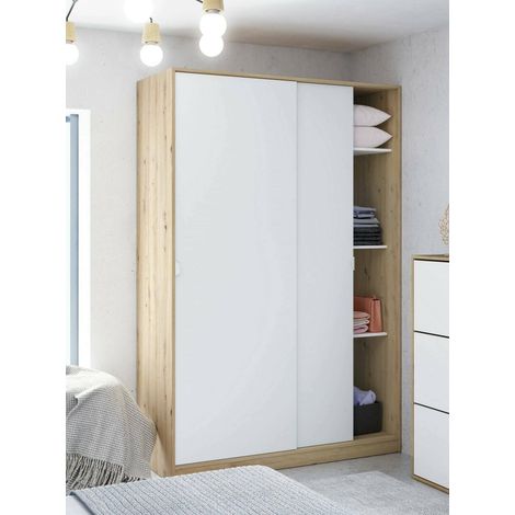 Dmora - Guardarropa Dnocer, Armario dormitorio con 2 puertas correderas, Mueble con 3 baldas y barra perchero, 120x50h200 cm, Blanco y Roble Nodi (1/5)