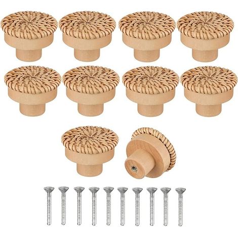 Lot de 10 boutons tiroir ronds en rotin et bois, poignées (1/4)