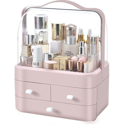 Caja organizadora de cosméticos con cajón cerrado, que también puede usarse como expositor para tus productos de cuidado facial. Versátil. Rosa, 1 unidad. (1/5)