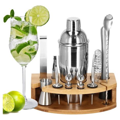 SPRINGOS Shaker Cocktail Set Edelstahl 12 Elemente Bambusständer Cobbler Shaker Tolles Bar Set Für Mixgetränke Exotischste Cocktails Eiszange Löffel Messbecher Öffner Ausgießer Stöpsel Für Barkeeper