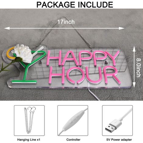 Insegna al neon Happy Hour per cocktail, per decorazioni murali, birrerie, hotel, feste, club, insegne al neon a LED dimmerabili (1/3)